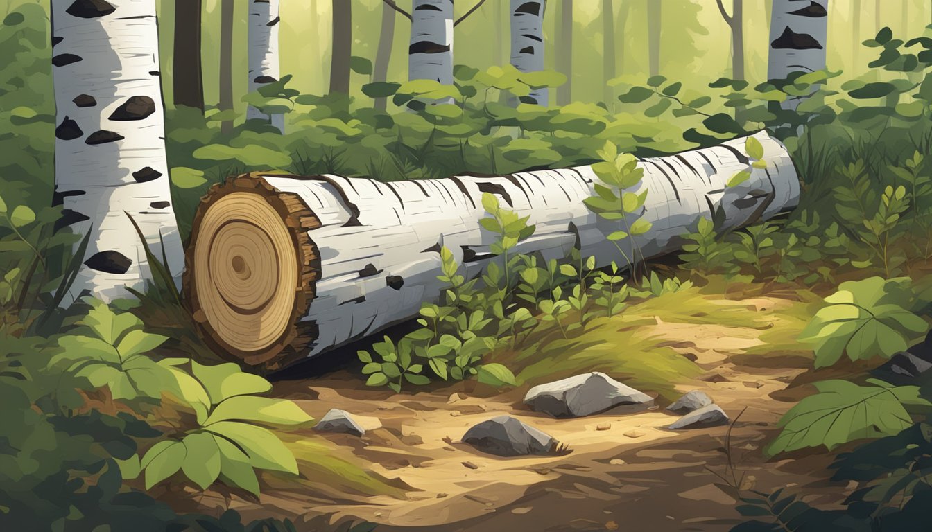 A woodland scene with a close-up of a birch tree trunk and a small pile of foraged birch bark on the forest floor, with various woodland plants surrounding the area