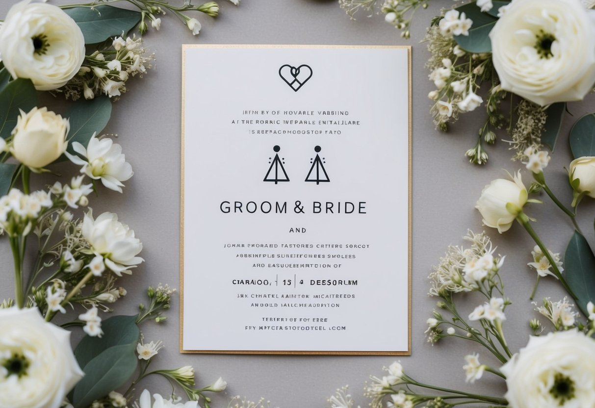 A wedding invitation with two elegant symbols representing the groom and bride, surrounded by delicate floral decorations