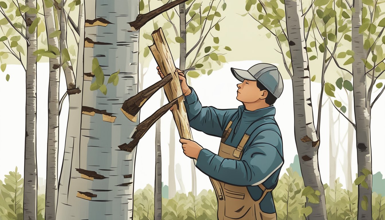 A person carefully peeling birch bark from a tree, examining it for any signs of damage or contamination before collecting it for use