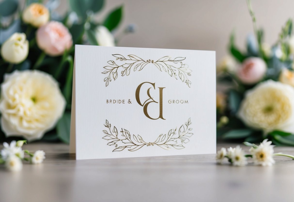 A wedding card with elegant design elements, featuring the initials or names of the bride and groom, surrounded by delicate florals or other decorative motifs