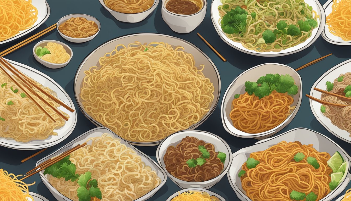 A steaming bowl of chow mein noodles with various types spread out on a table, including thin, crispy, and soft noodles