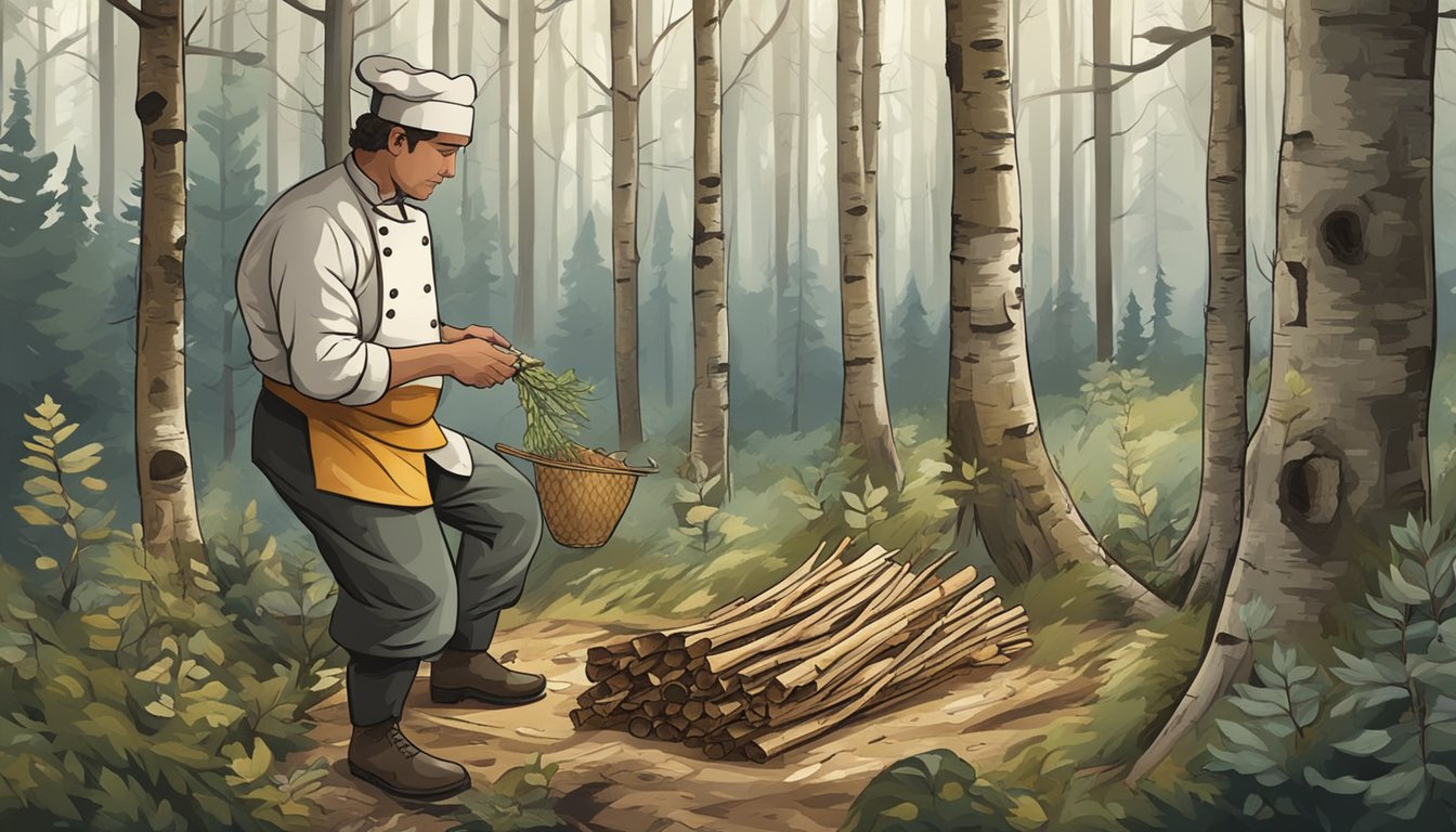 A chef gathering birch bark and other types of bark in a forest for culinary use