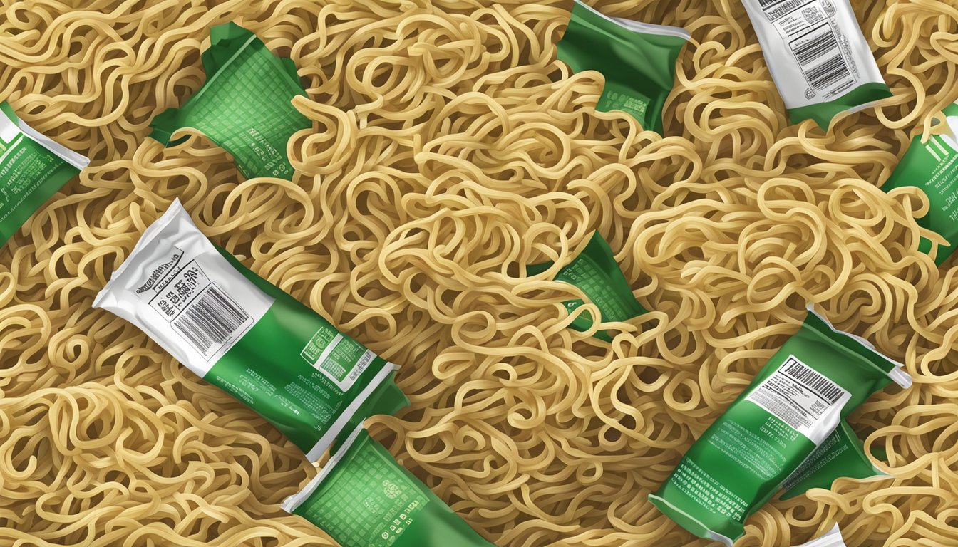 A package of chow mein noodles with a visible expiration date and signs of mold and discoloration