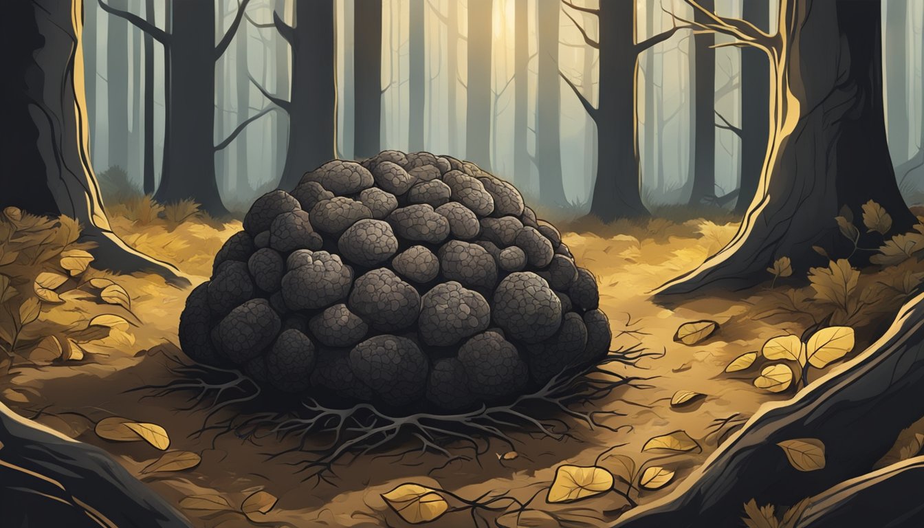 A close-up of a black truffle nestled among the roots of an oak tree in a forest. Sunlight filters through the leaves above, casting dappled shadows on the forest floor