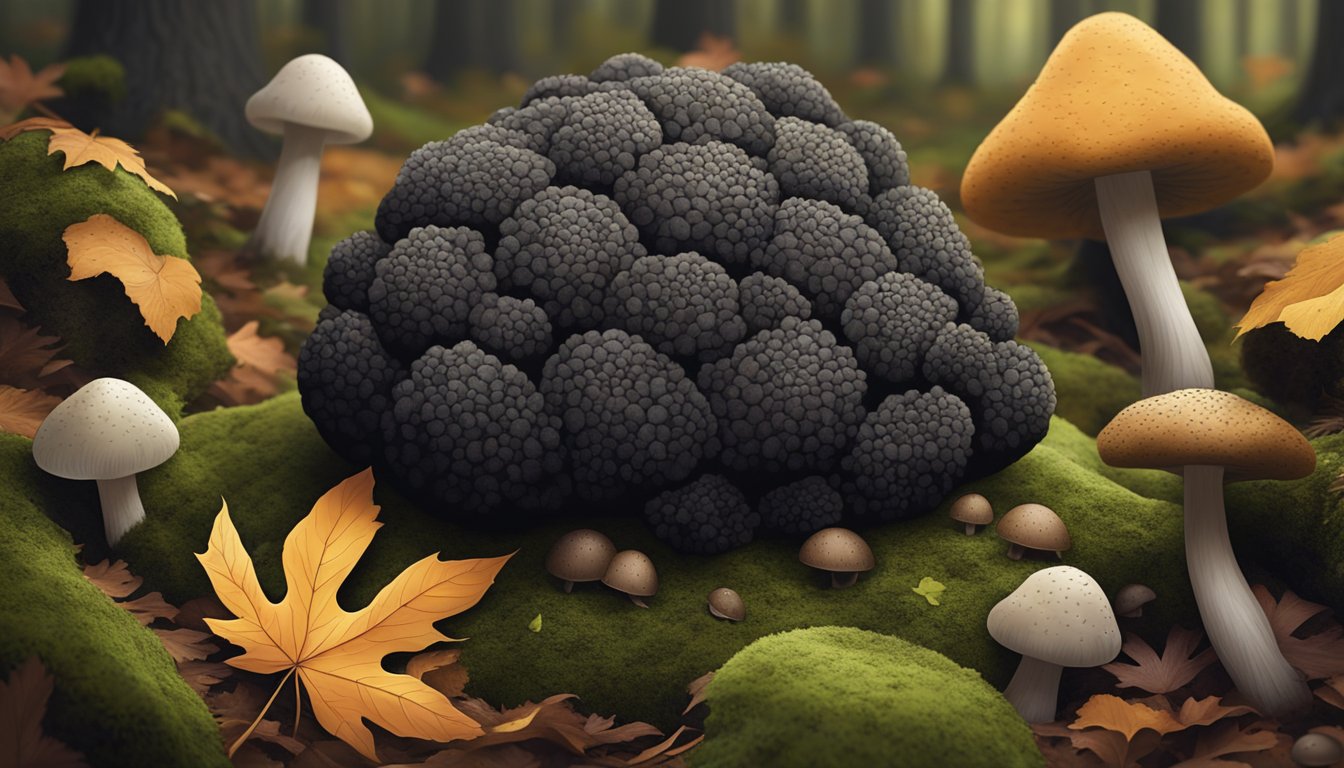 A black truffle resting on a bed of earthy, moss-covered forest floor, surrounded by fallen leaves and small mushrooms