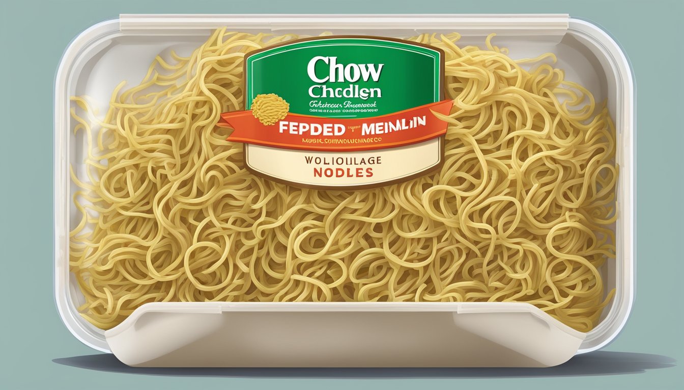 A package of expired chow mein noodles with visible signs of spoilage and mold