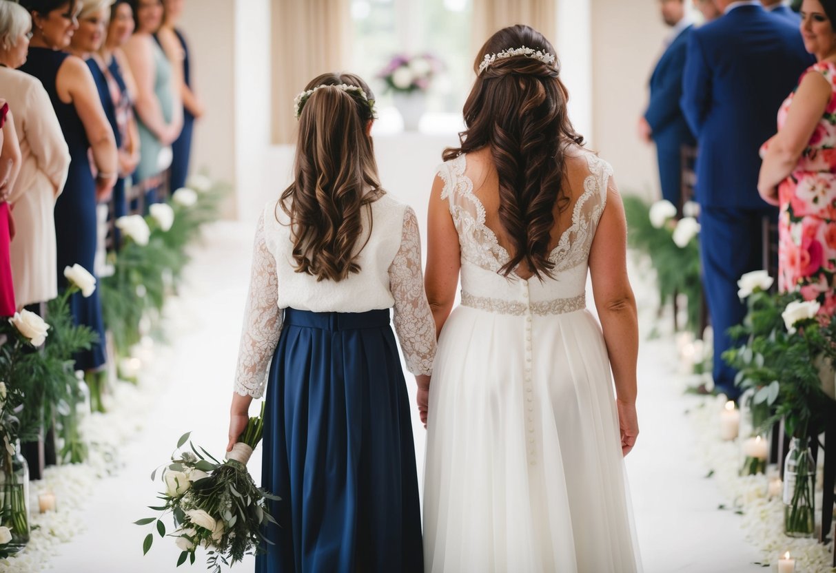 A mother and daughter stand side by side, facing a flower-filled aisle. The mother gently guides her daughter forward, both with smiles on their faces