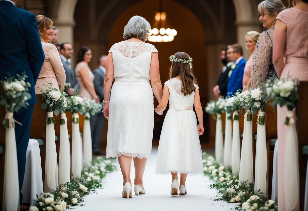 A mother and daughter stand together at the start of an aisle, symbolizing the tradition and significance of the mother walking her daughter down the aisle