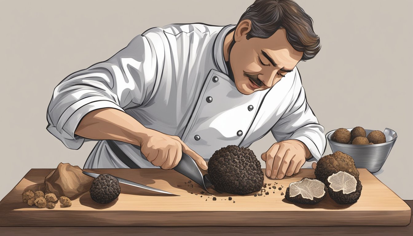 A chef slicing open a black truffle, revealing its earthy aroma