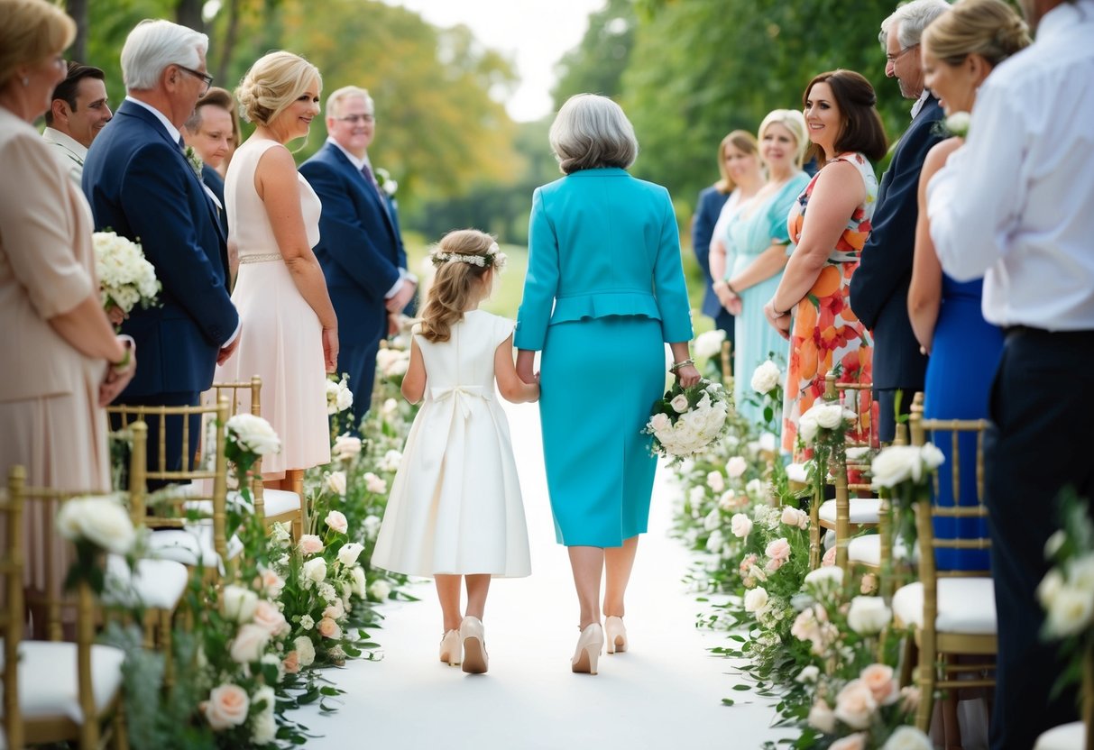 A mother and daughter stand side by side, walking down a flower-lined aisle, surrounded by loved ones