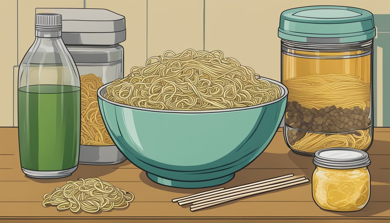 A bowl of expired chow mein noodles sits on a kitchen counter, surrounded by various options for food preservation and disposal