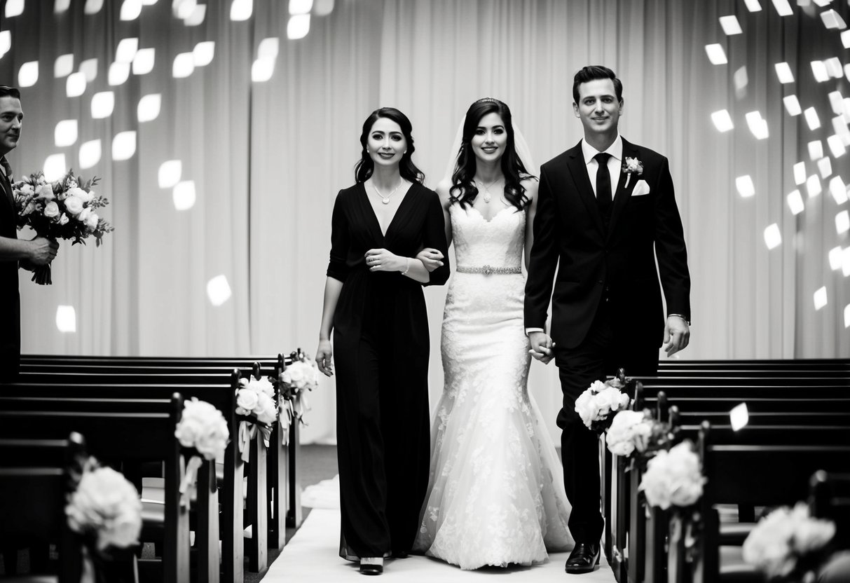 A woman stands at the start of an aisle, with a younger figure beside her. They are positioned to begin walking down the aisle together