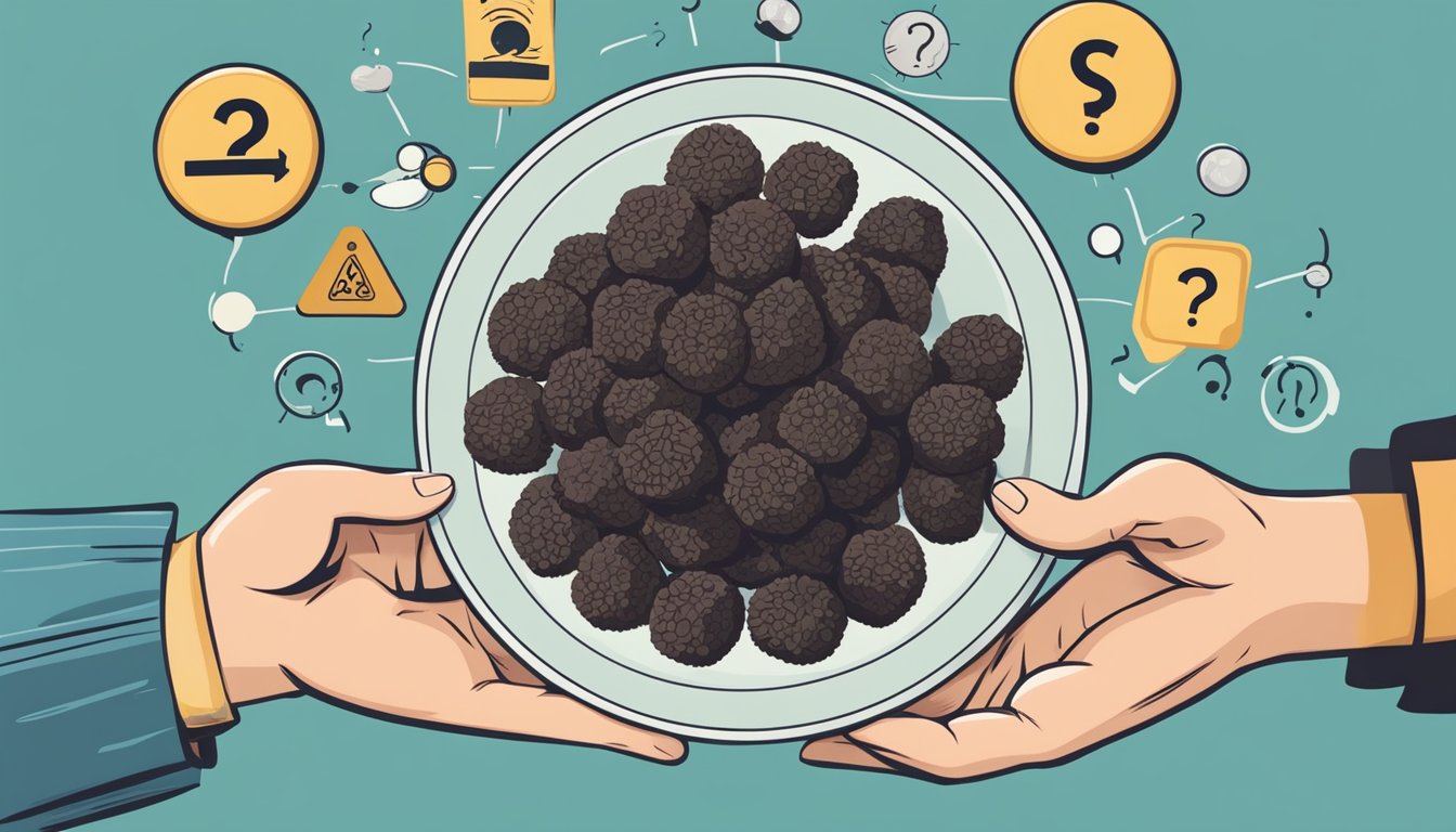 A person holding a plate of black truffles with a question mark above their head, surrounded by various allergy warning symbols