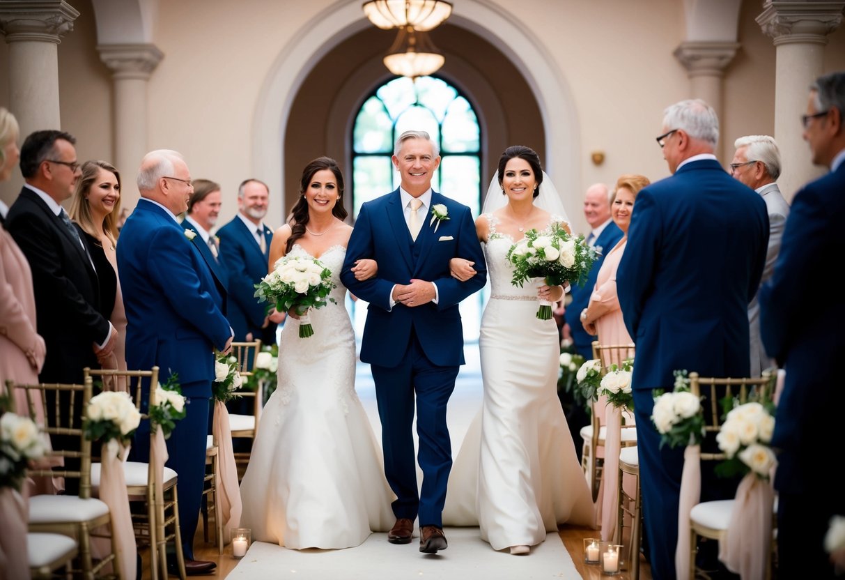 A figure in formal attire escorts the bride's parents down the aisle, leading them with grace and confidence