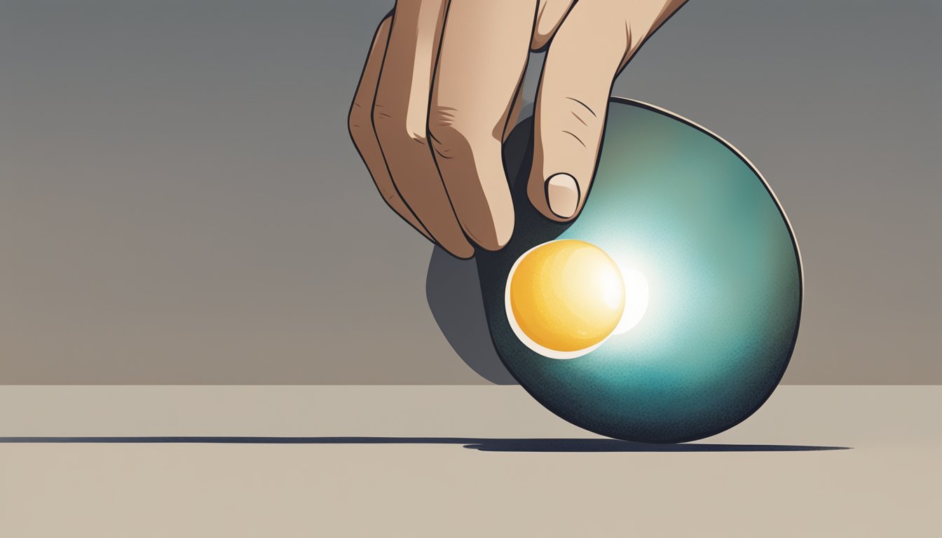 A person holding a bird egg up to the light, examining its color and texture