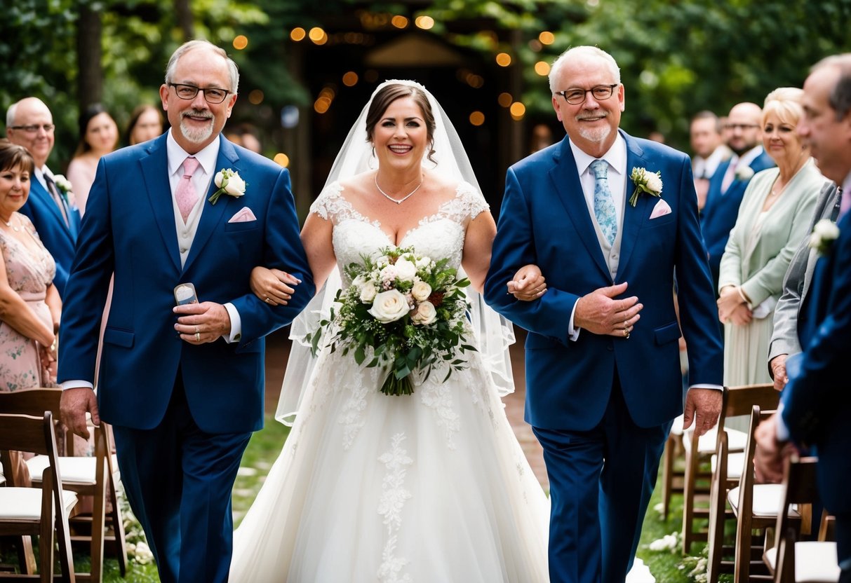 The bride's parents escort her down the aisle, radiating pride and joy