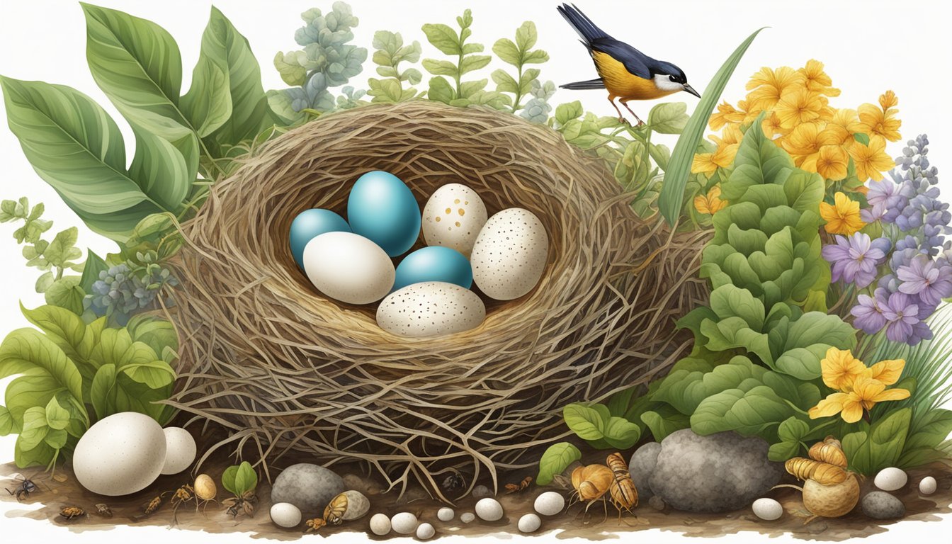 A bird's nest with various types of eggs, surrounded by a variety of plants and insects