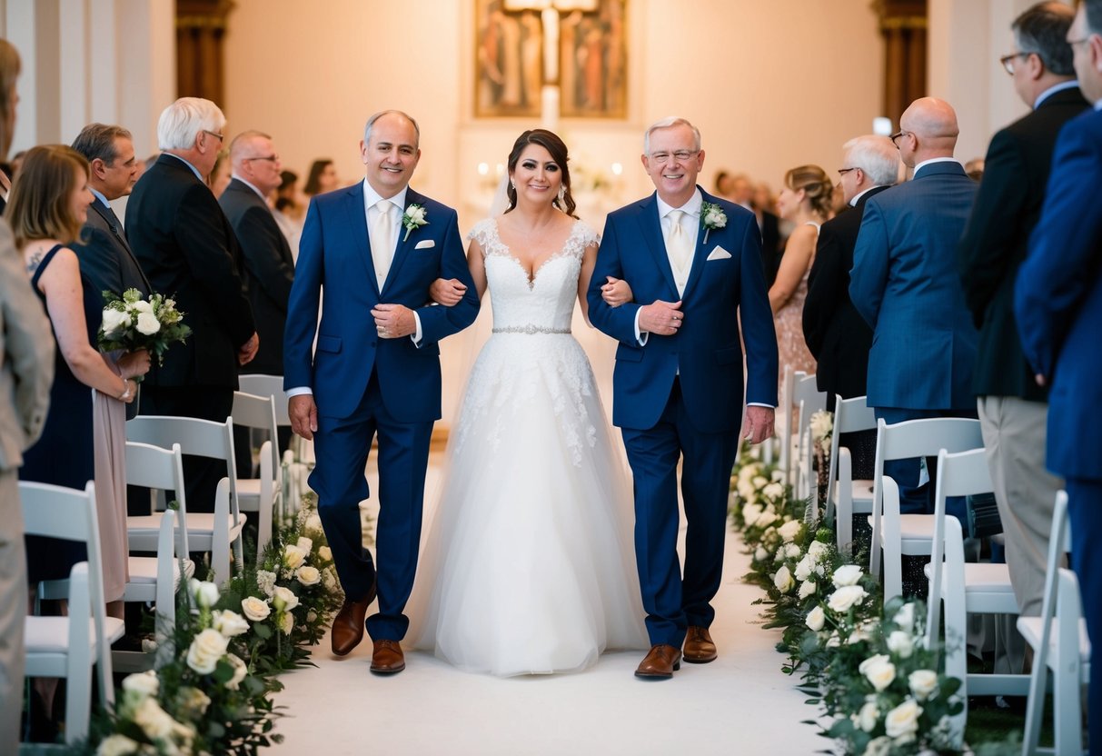 The bride's parents are escorted down the aisle by a close family member or friend, leading the processional towards the altar