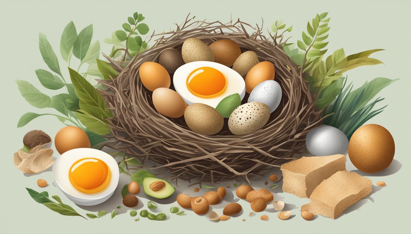 A bird's nest with eggs, surrounded by various types of food and potential health hazards