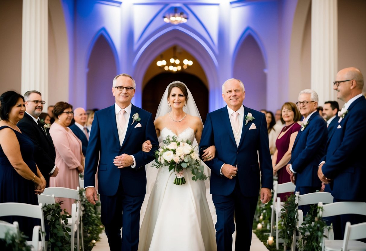 A figure flanked by two others, symbolizing the bride's parents, walks down the aisle with grace and dignity