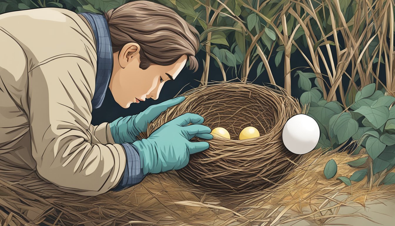 A person wearing gloves carefully inspecting a bird's nest with eggs