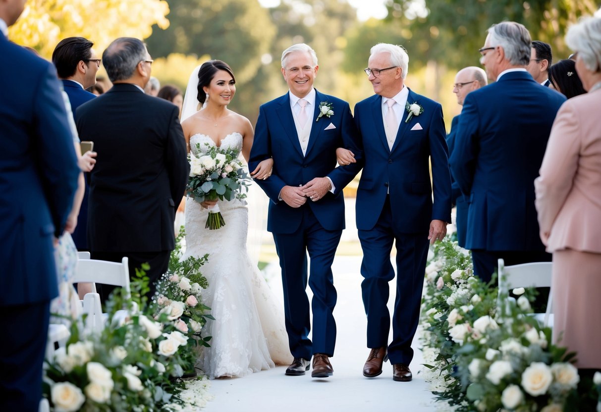A figure in formal attire guides the bride's parents down the flower-lined aisle