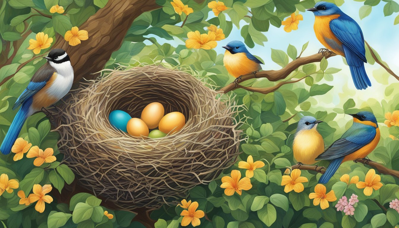 A bird's nest nestled in a tree, surrounded by lush foliage and vibrant flowers. A variety of bird eggs are carefully nestled within the nest, showcasing the diversity of colors and sizes