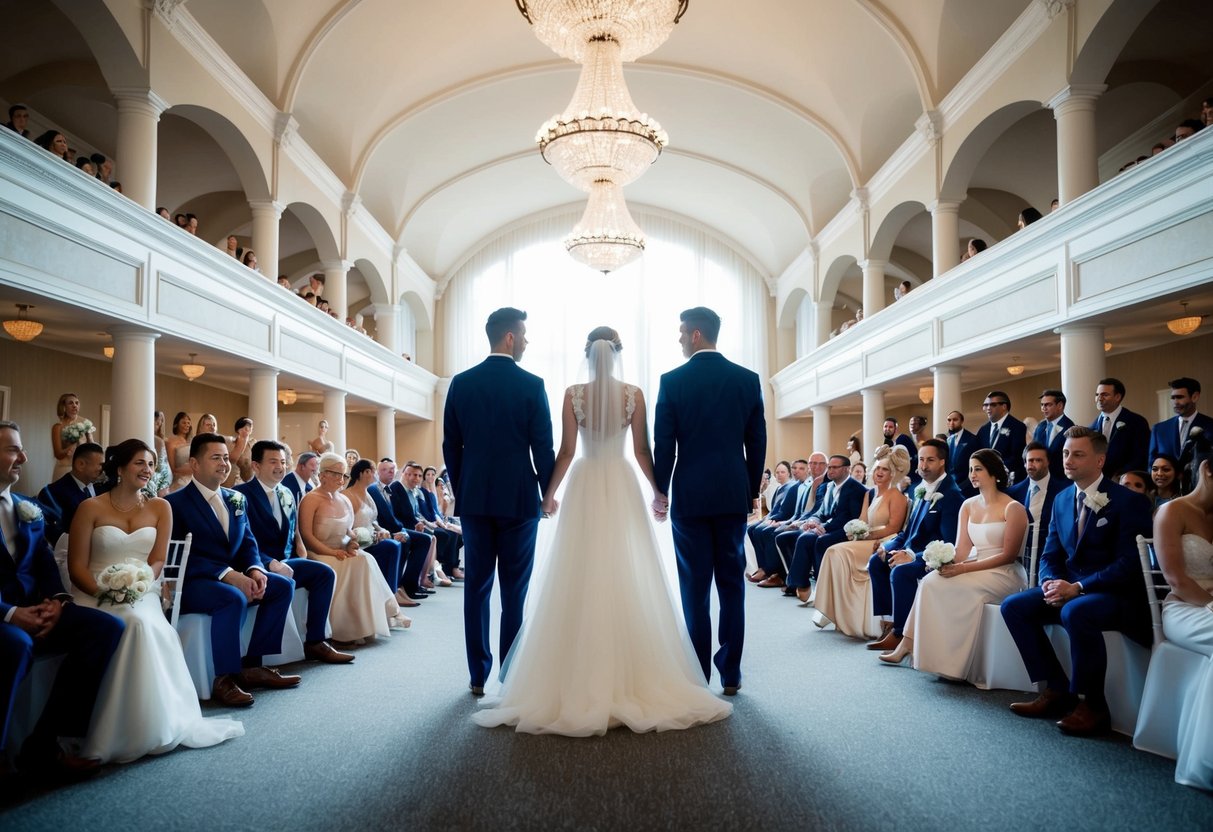 The bride and groom stand on opposite sides of a symmetrical wedding venue, with equal numbers of guests seated on each side