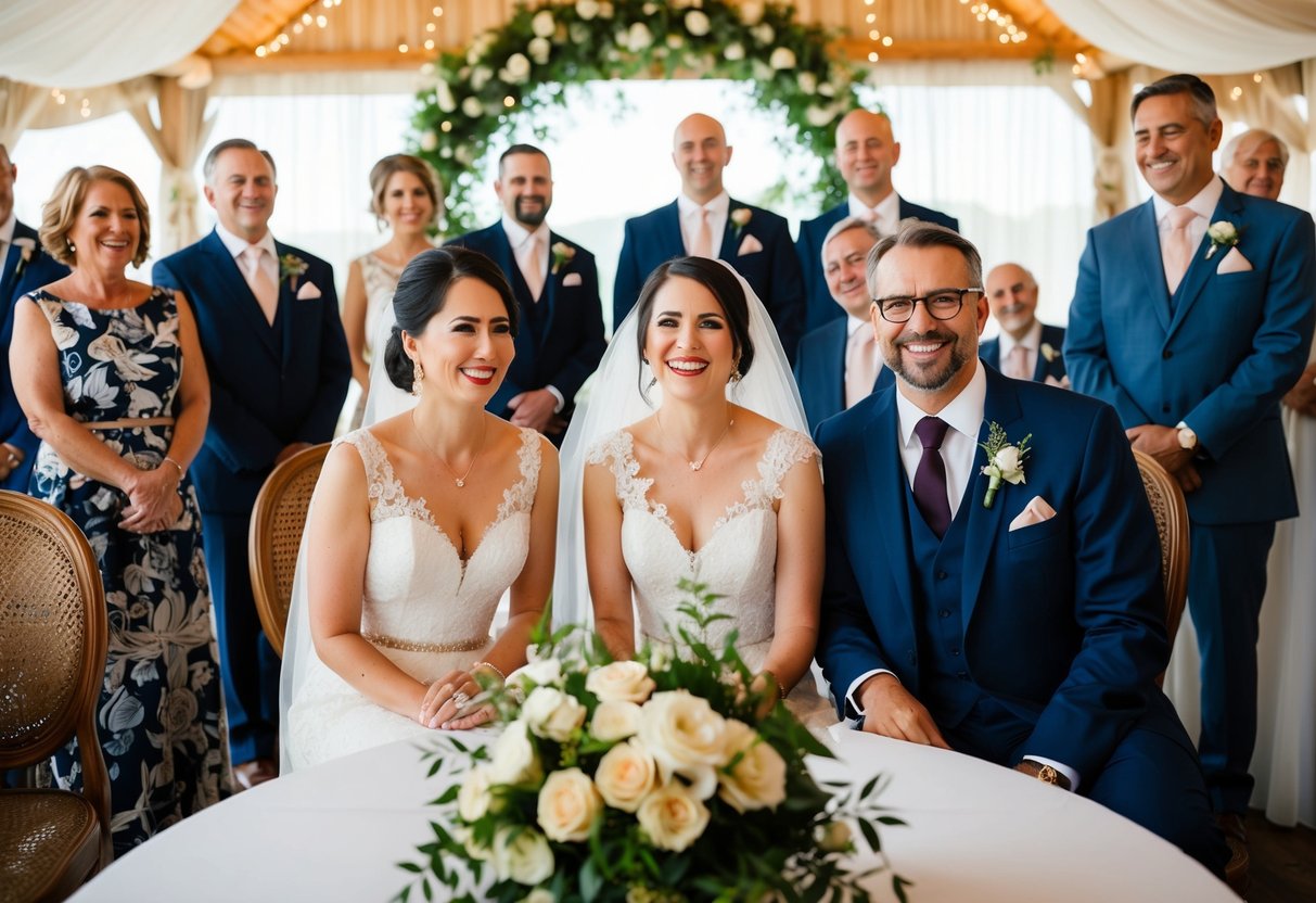 Parents sit beside bride and groom, surrounded by unique decor and special guests, in a joyful and intimate wedding setting