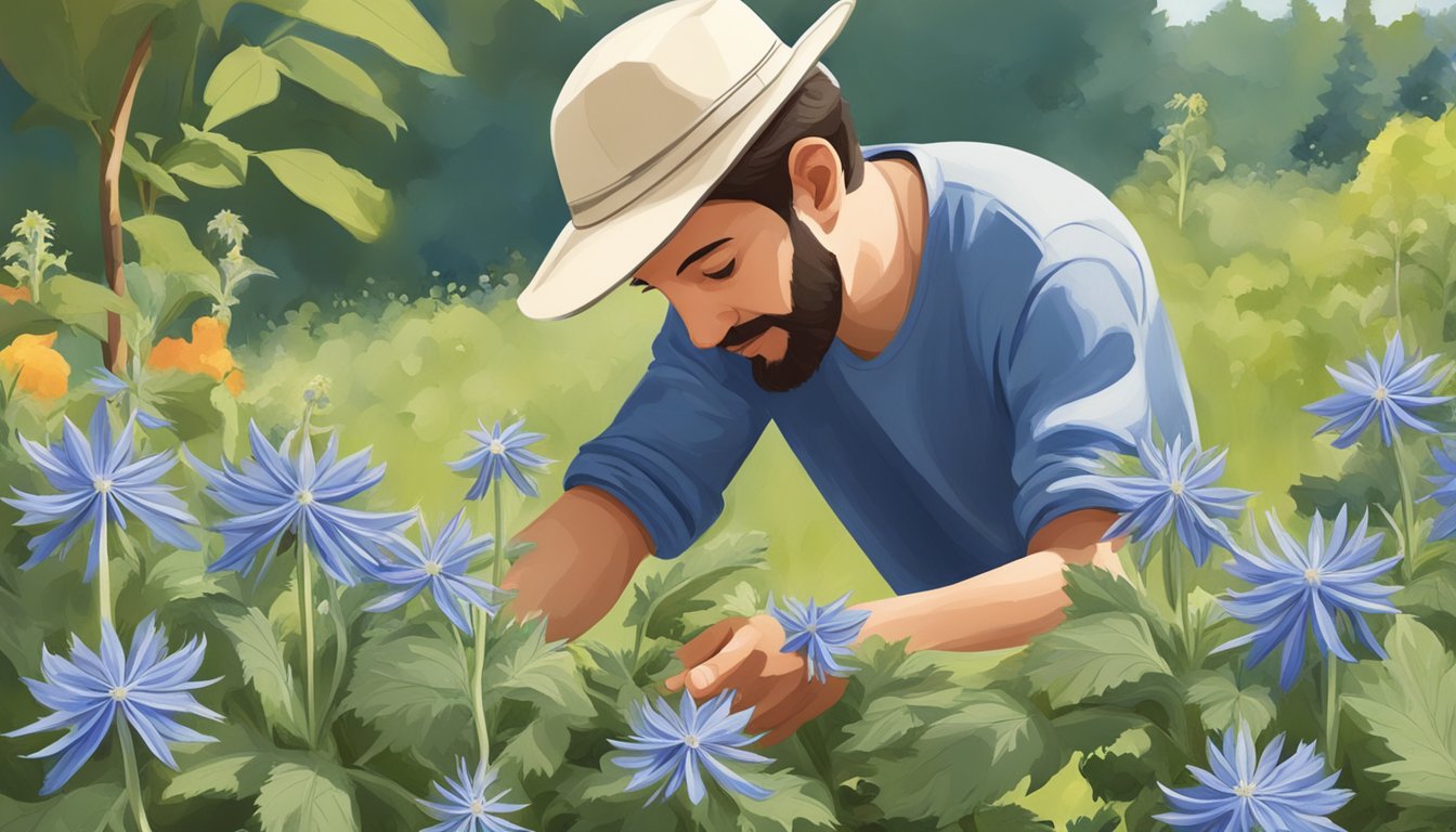 A person picking borage leaves from a healthy, vibrant plant in a sunny garden