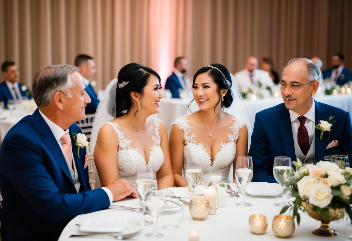 Parents and bride and groom seated together at reception table, discussing seating plan