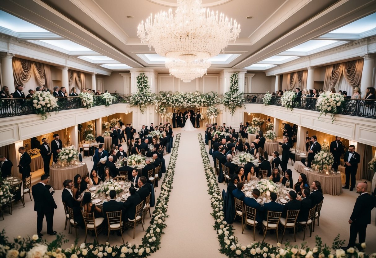 A large, elegant wedding venue with two separate seating areas, each filled with equal numbers of guests. The space is grand and opulent, with intricate floral arrangements and luxurious decor
