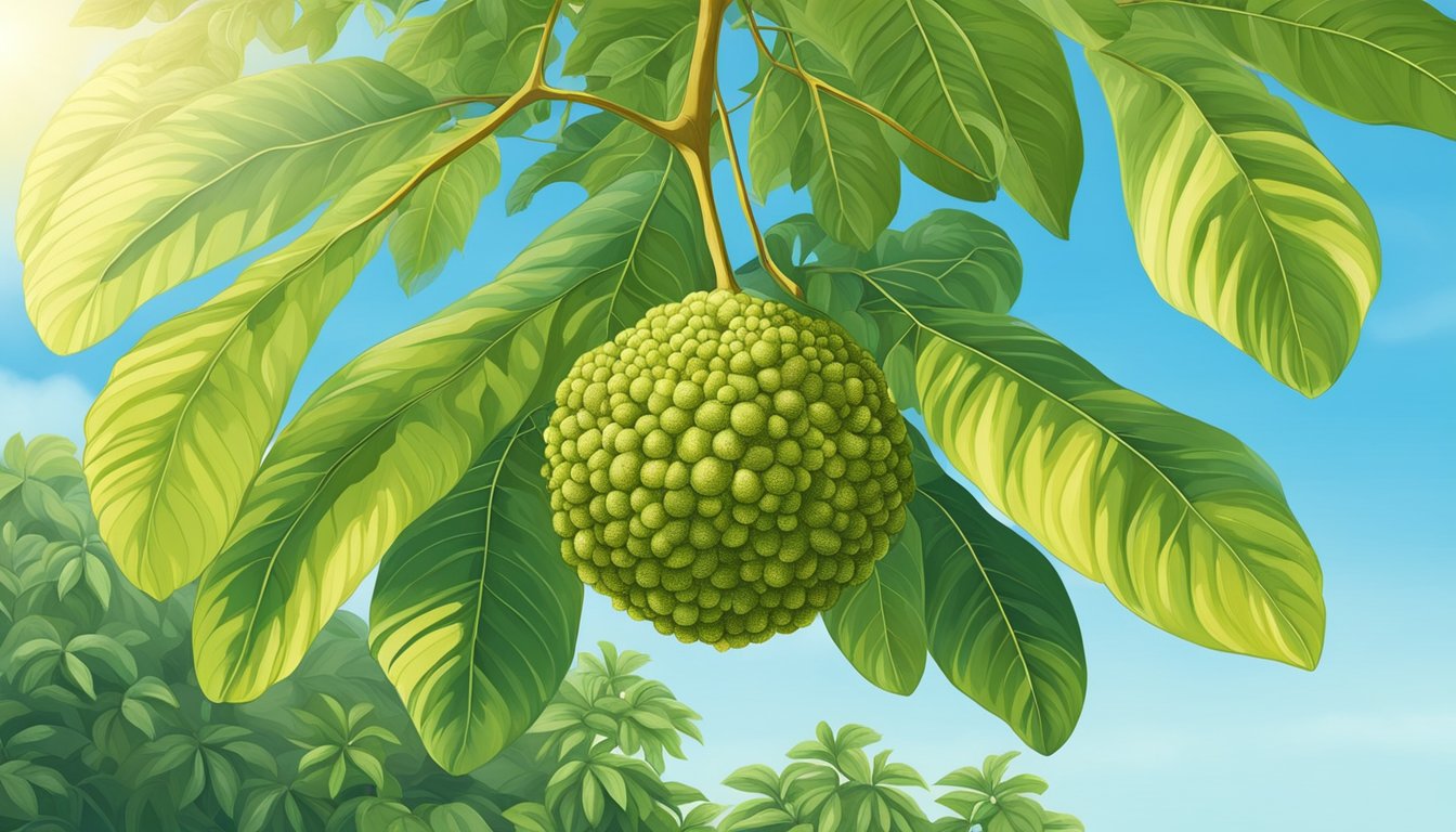 A ripe breadfruit hanging from a tree, surrounded by lush green leaves and a clear blue sky in the background