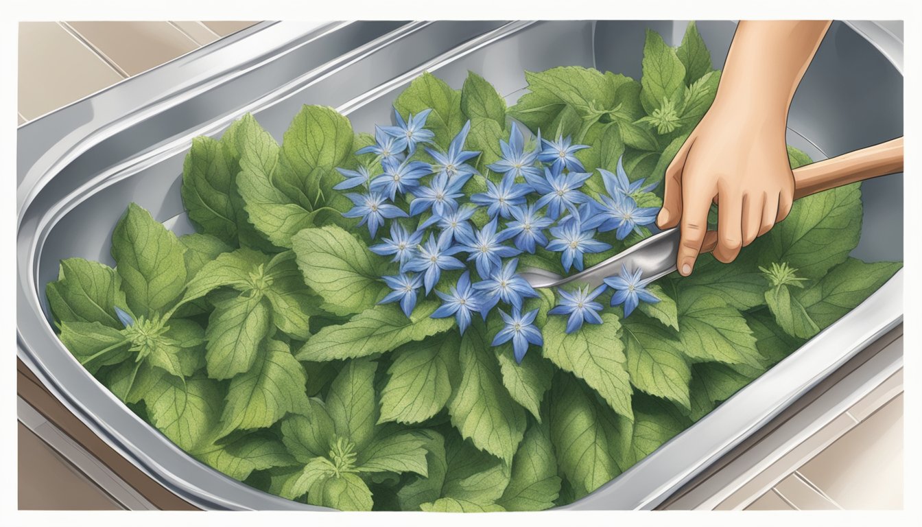 Borage leaves being harvested and washed in a kitchen sink