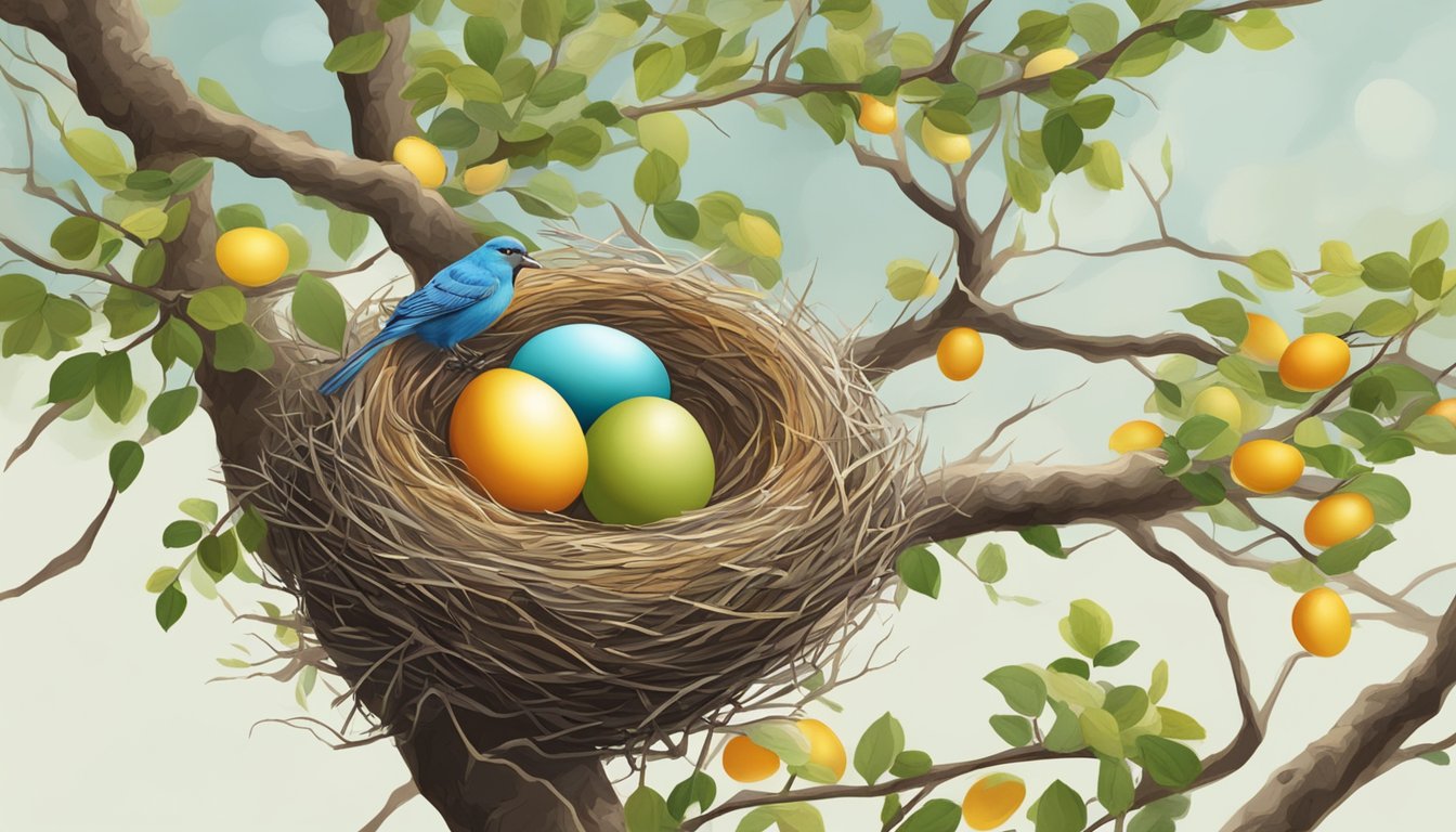 A bird's nest perched on a tree branch, with colorful eggs inside and a protective parent bird nearby