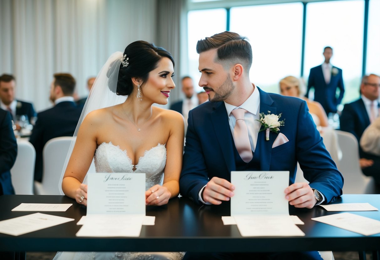 A bride and groom sit at a table with two separate guest lists, each contemplating their own set of invitations