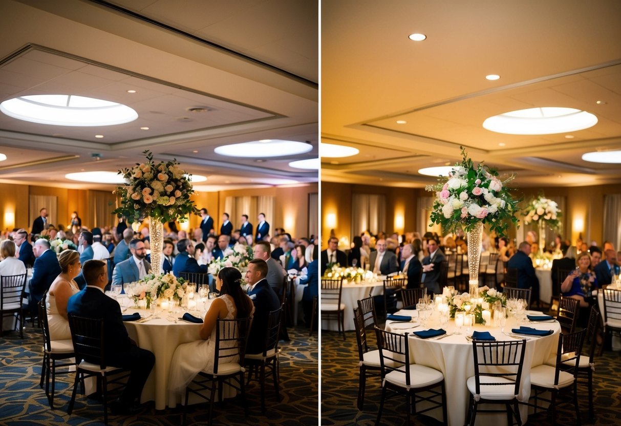 A wedding reception with two separate seating areas, each filled with an equal number of guests. Tables adorned with floral centerpieces and twinkling lights create a warm and inviting atmosphere