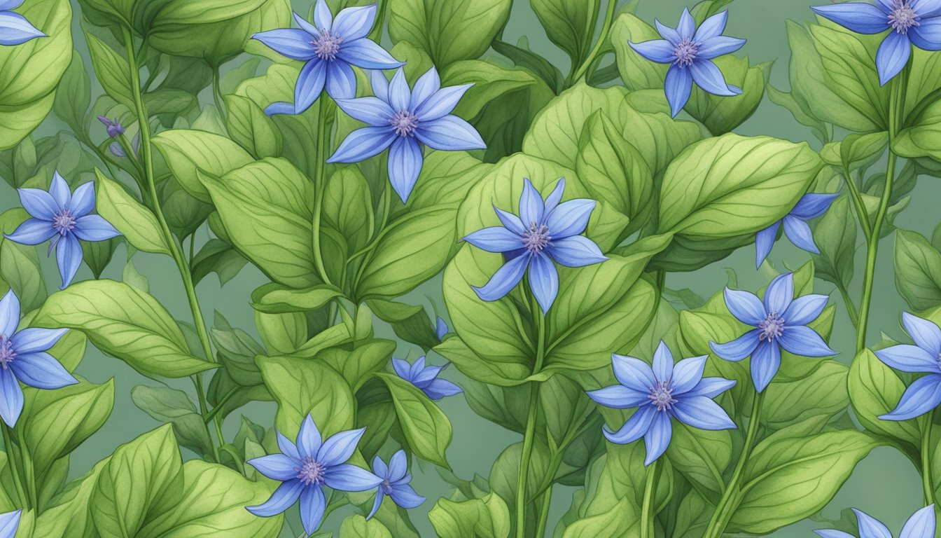 Borage plant with vibrant green leaves and small blue flowers