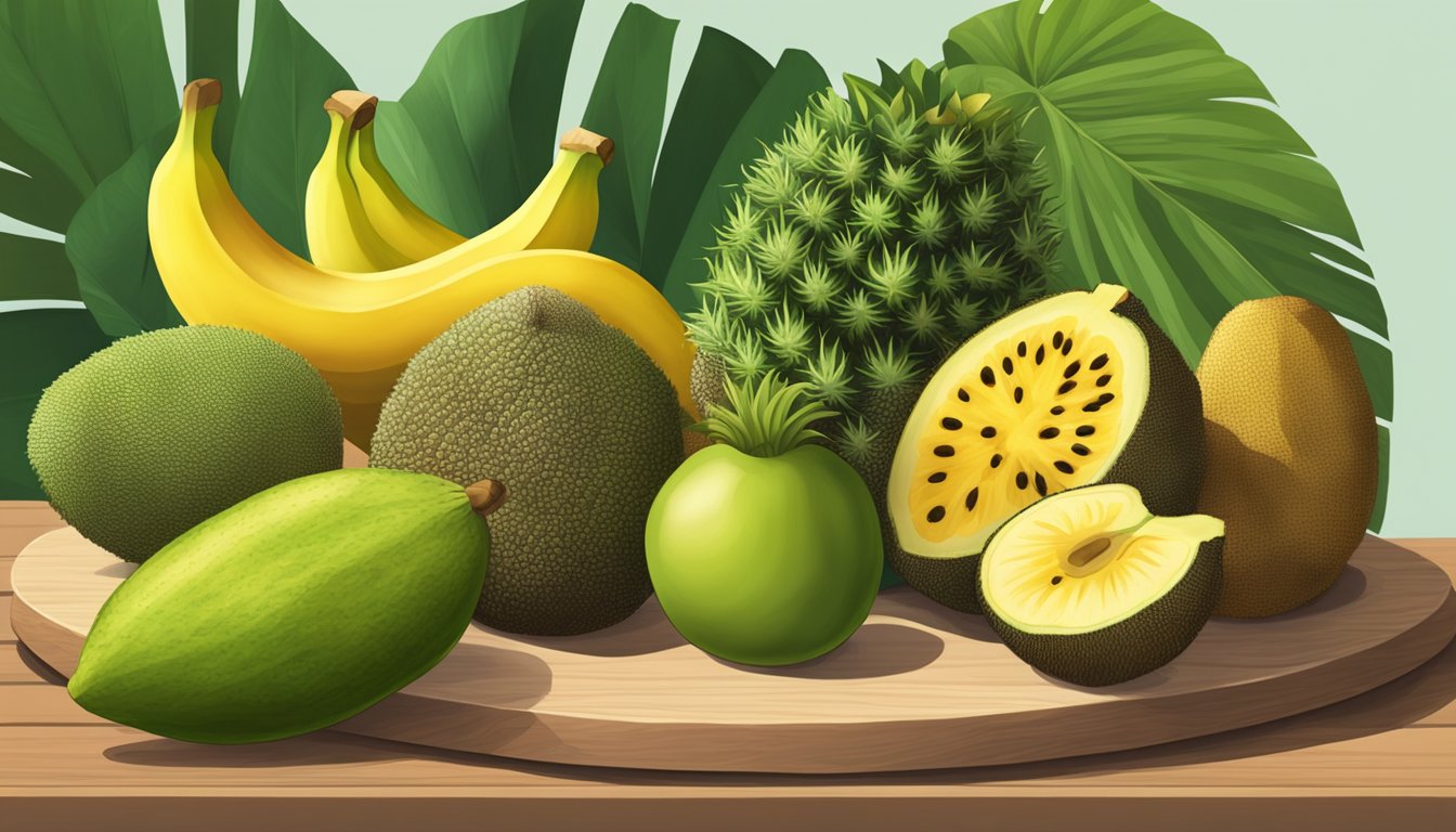 A ripe breadfruit sitting on a wooden cutting board, surrounded by other tropical fruits like bananas and pineapples