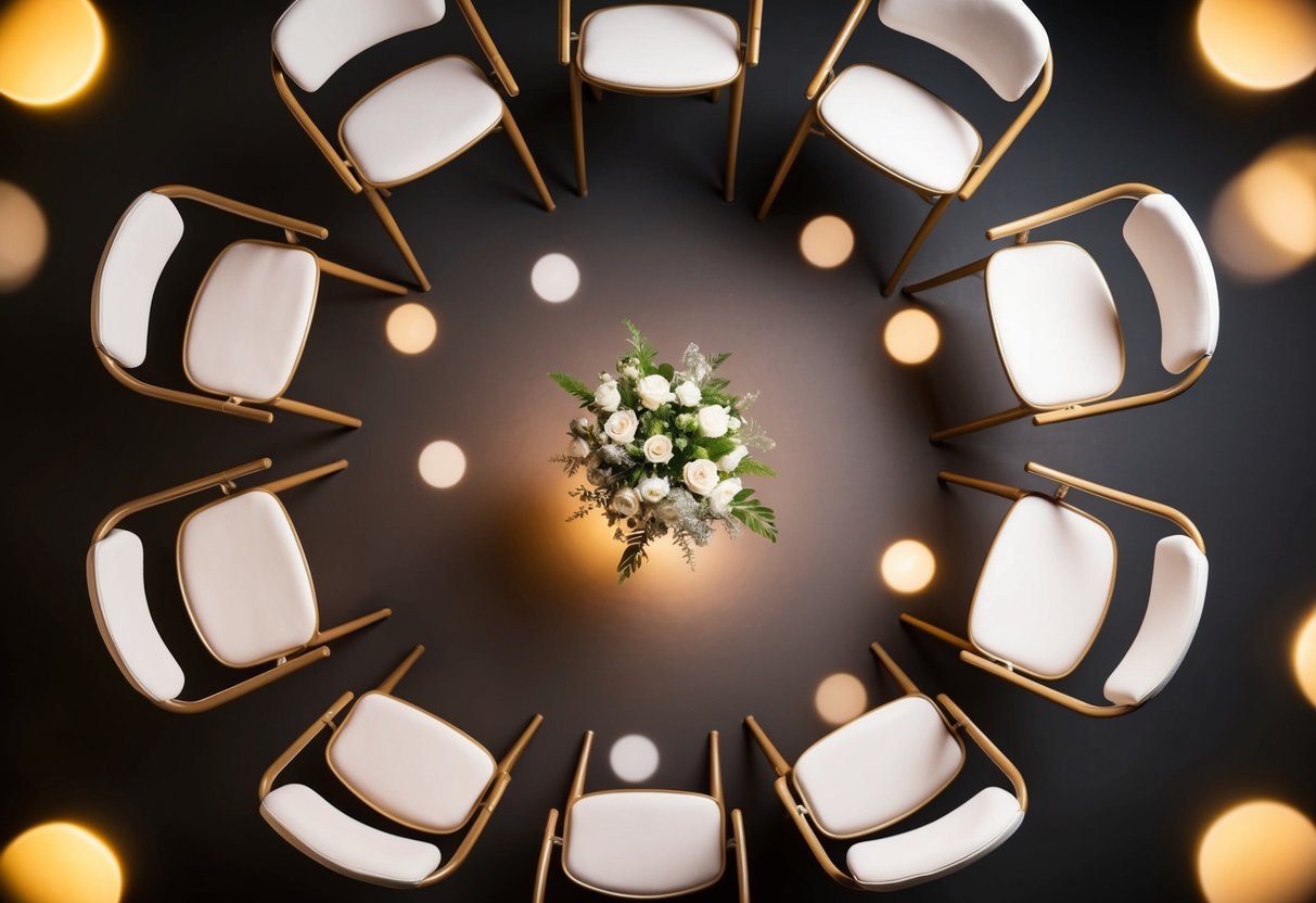 A circular arrangement of chairs around a central focal point, with soft lighting and floral accents