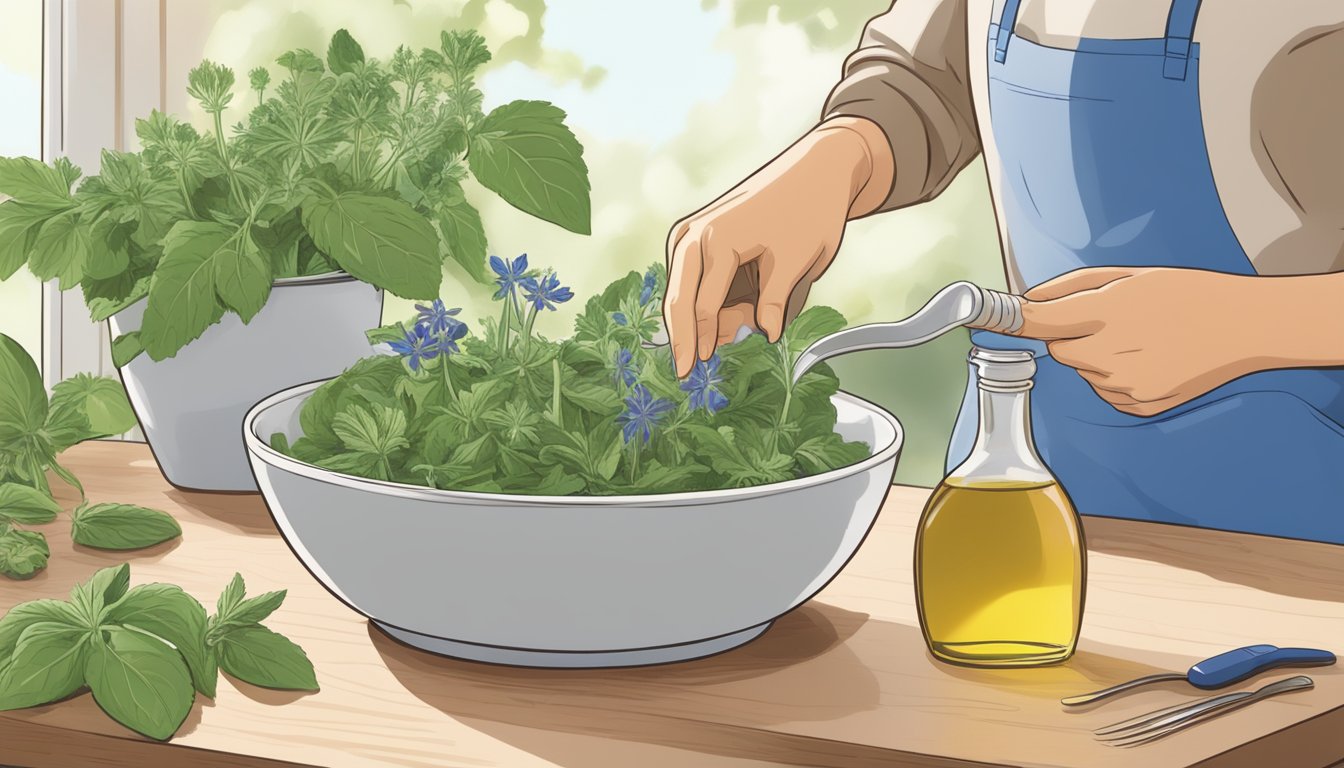 A person adding borage leaves to a salad, with a bottle of borage oil on the table, and a borage plant growing in the background