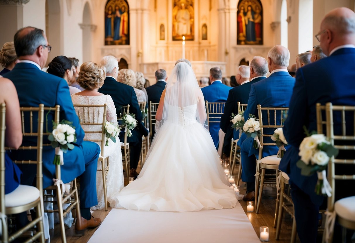 The bride's family sits on the left side of the aisle, facing the altar