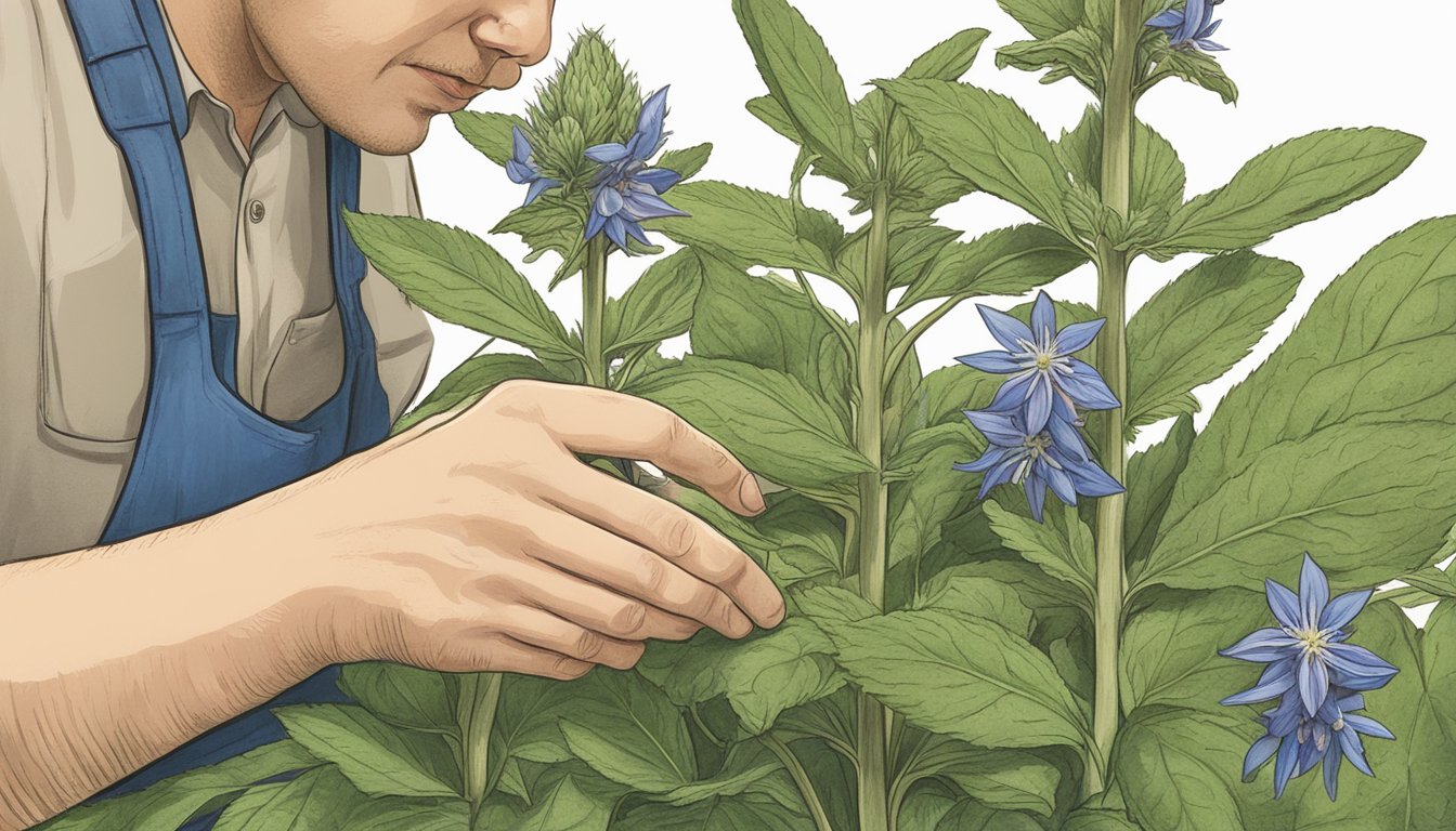 A person holding a borage plant and examining the leaves for consumption