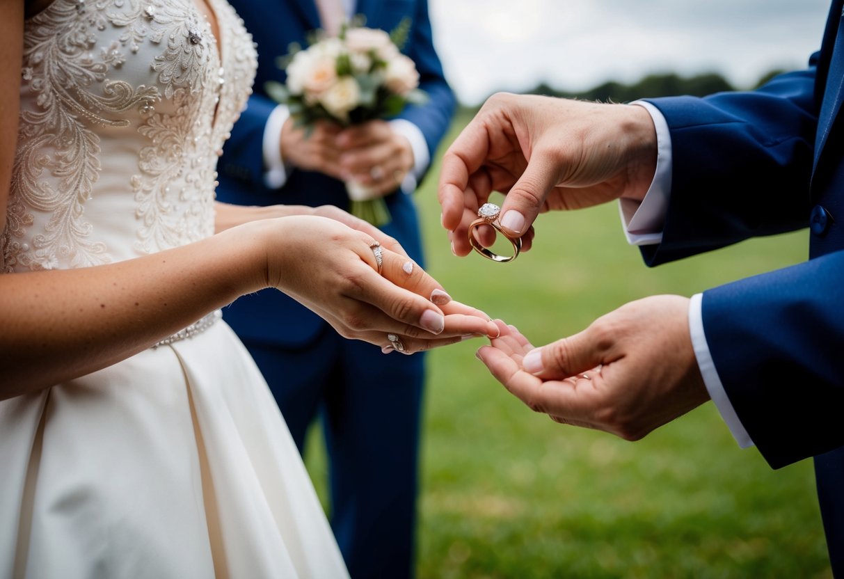 A pair of elegant hands pass rings to a bride and groom