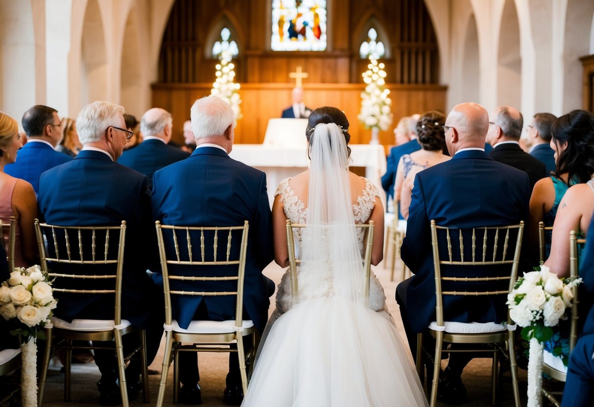 The bride's family sits on the left side of the wedding ceremony seating, facing the altar