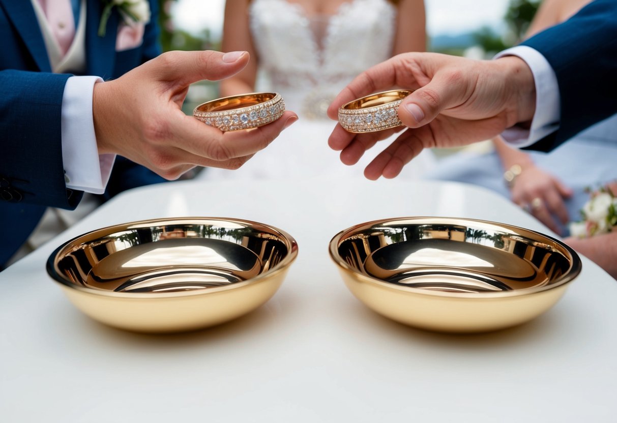 A table with two elegant ring dishes sits between the bride and groom, ready to be passed in the ceremony