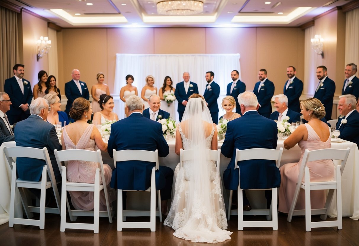 The bride's family sits on the left side of the reception hall, facing the newlyweds' table