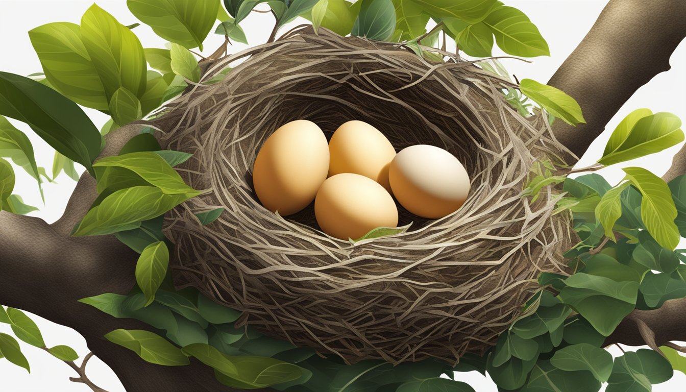 A bird's nest resting on a tree branch, surrounded by lush foliage and filled with eggs