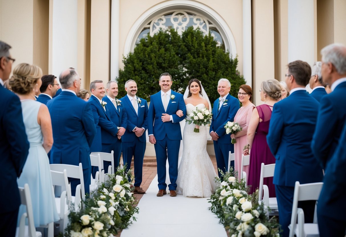 The bride's family sits on the left side of the aisle, while the groom's family sits on the right side. The wedding party stands at the front, with the maid of honor and best man closest to the couple