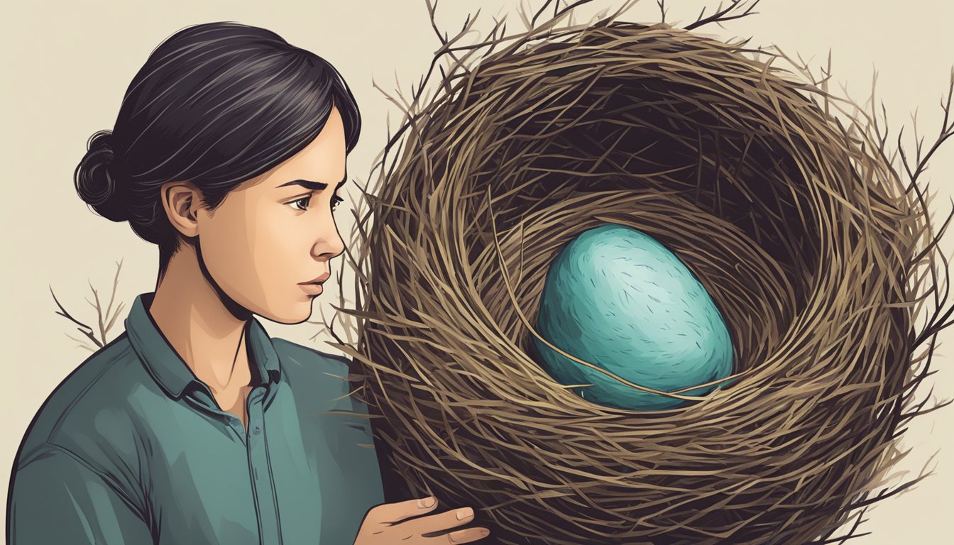 A person holding a bird nest, looking concerned and questioning its safety